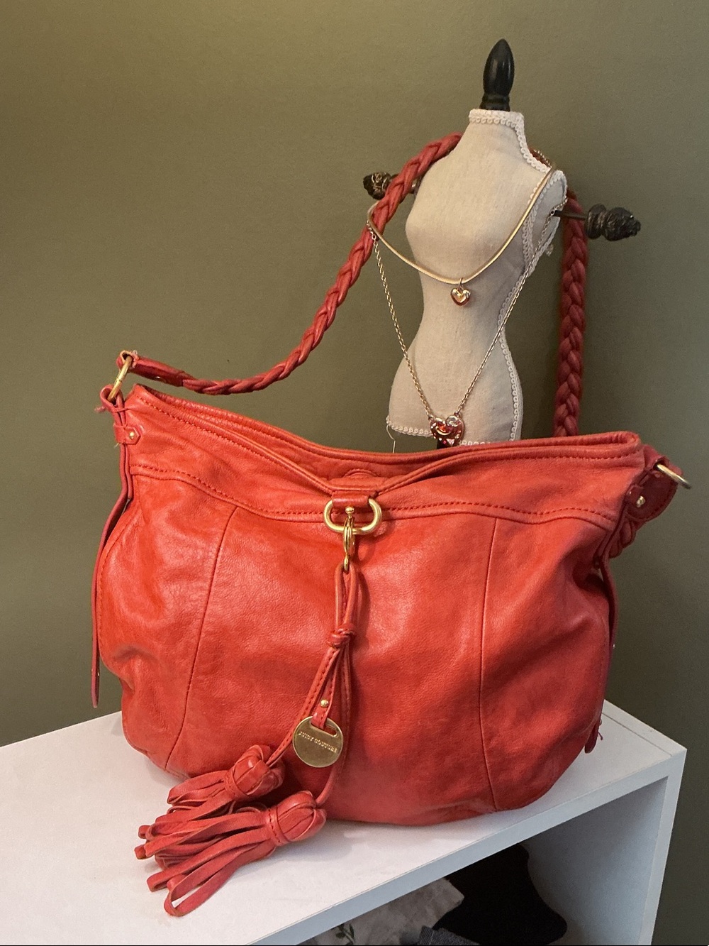 Juicy Couture Vintage Red Genuine Leather Hobo Shoulder Bag Braided Strap